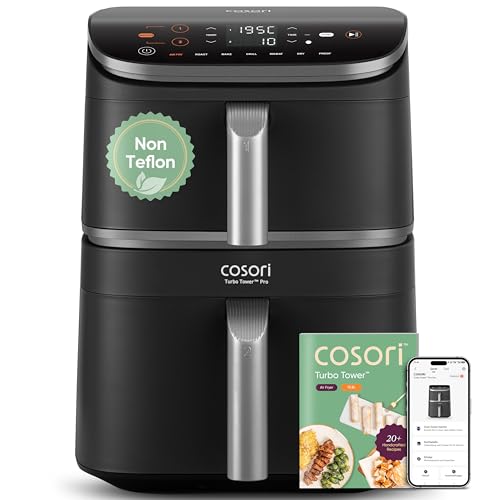 COSORI Turbo Tower Pro Smart Airfryer, 10,8L Keramikbeschichtung Heißluftfritteuse, DualBlaze-Technologie und WLAN-Steuerung, Silbergrau, Grau Silber