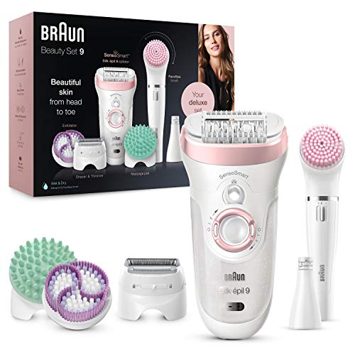 Braun Silk-épil 9 Beauty-Set, Epilierer Damen / Haarentferner, FaceSpa Gesichtsepilierer, Aufsätze für Rasierer, Peeling, Reinigung Gesicht/Körper, Tasche, Geschenk Frau, 9-995, weiß/flamingo