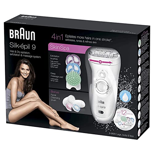 Braun Silk-épil 9 SkinSpa Epilierer 9-969v, Wet und Dry, mit 12 Extras, inkl. Tiefenmassage-Pad, Peelingbürsten und Gesichtsreinigungsbürste, weiß