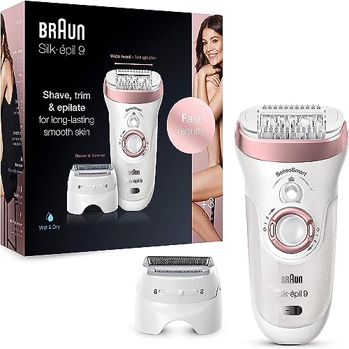 Braun Silk-épil 9 Epilierer Damen für Haarentfernung, Alternative zu wachs haarentferung, Aufsätze für Rasierer und Massage für Körper, Tasche, Geschenk Frau, 9-720, weiß/roségold