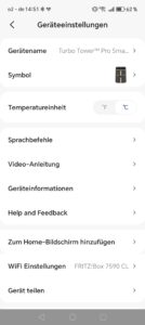App - COSORI Turbo Tower Pro Smart - Einstellungen